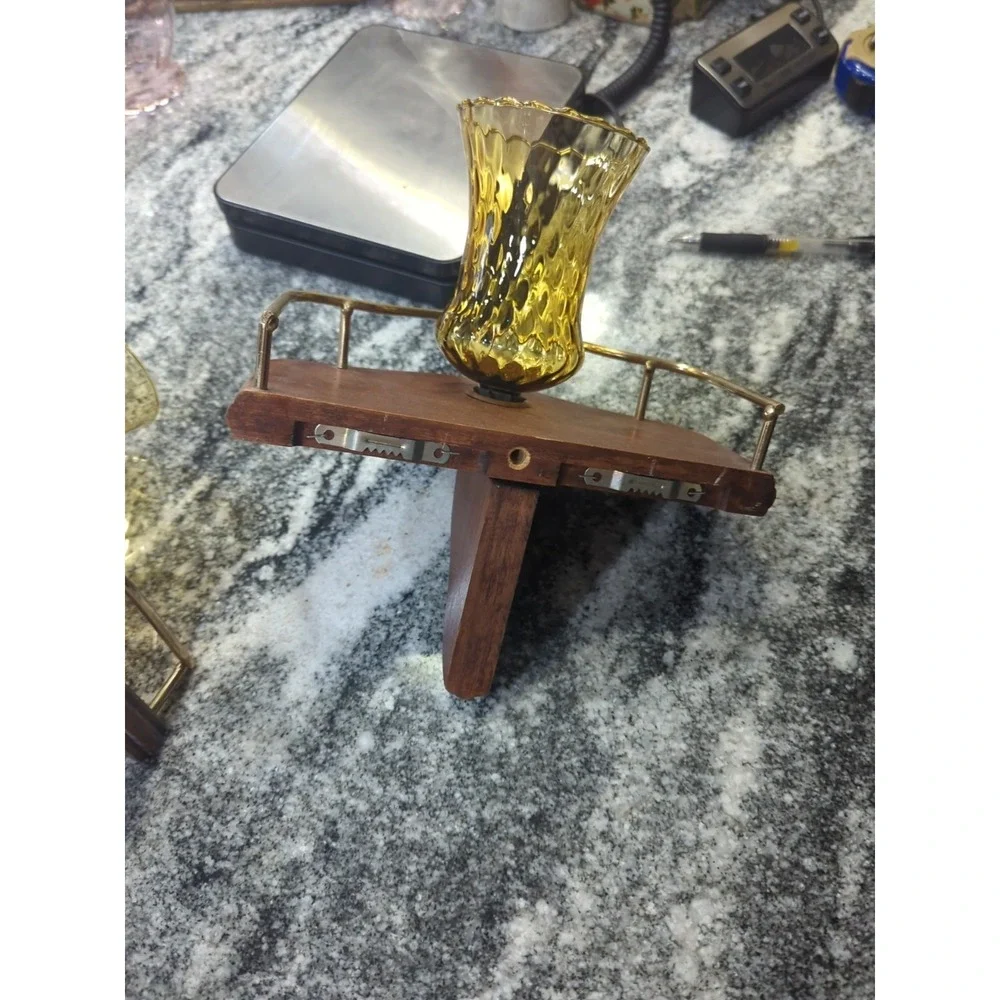 2 Vintage Homco Wood And Goldtone Brass Wall Sconce & Amber Candle Cups